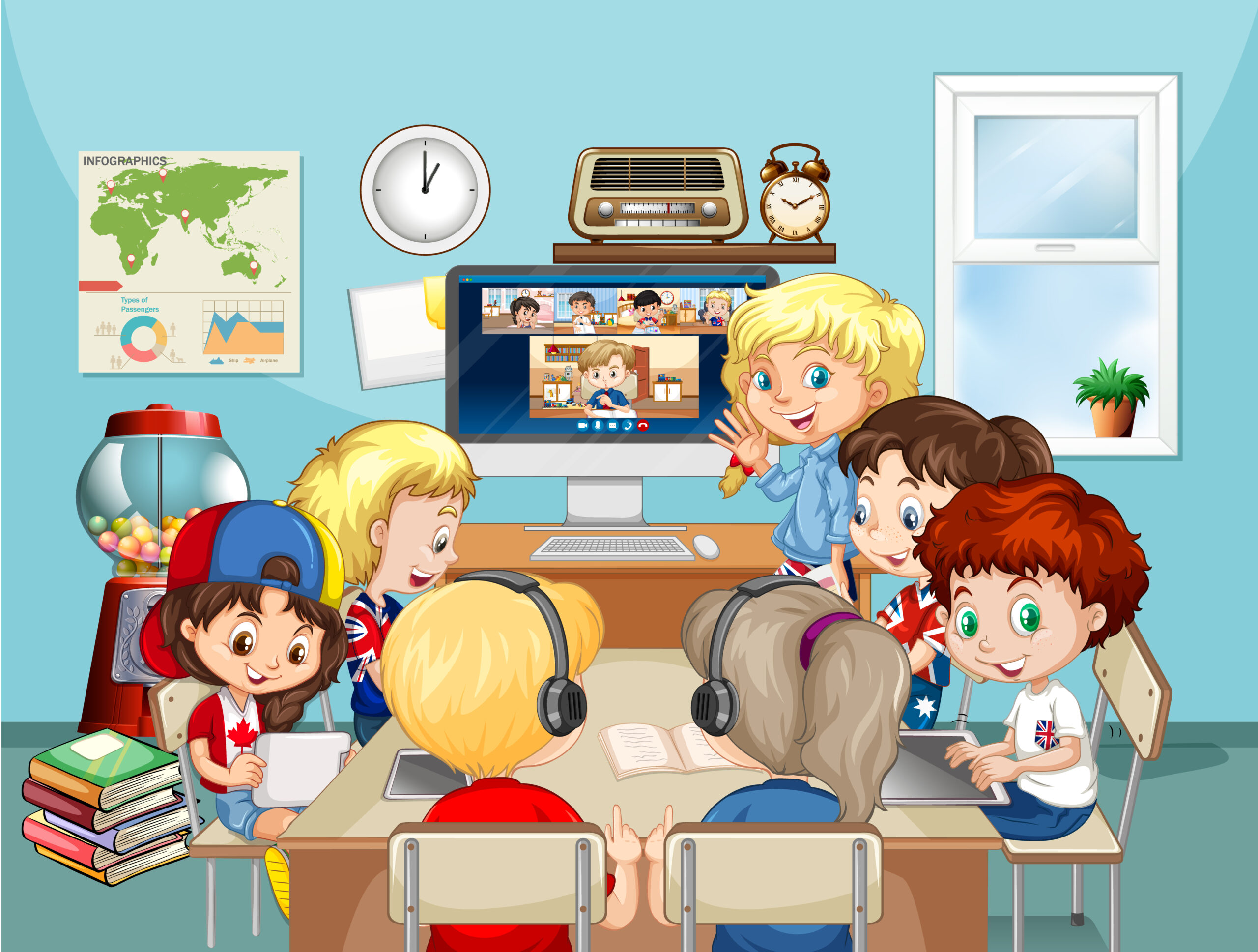 Childen group study online in room scene